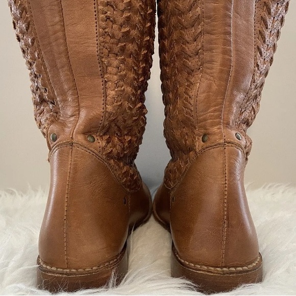 FRYE Shirley Woven Tan Leather Knee High Tall Western Riding Stud Boots Sz 6.5 - Picture 14 of 16